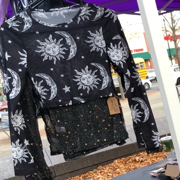 Punky Cosmic Sun Moon Mesh Long Sleeve Crop Top - Picture 12 of 15
